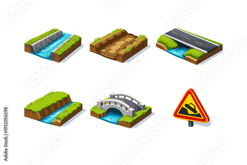 ditch. Isometric flat vector icons set of ditch: open drainage ditch, muddy water, roadside ditch, grassy embankment, small bridge over ditch, warning sign.