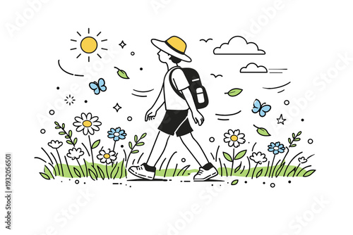 Sunny meadow scene. A person walking through a vibrant meadow filled with wildflowers and tall grass, gentle breeze moving leaves and petals, conveying calm