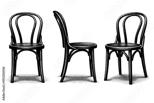 Retro bentwood chair A classic bentwood chair represented as one object, displayed in front, profile, and angled views emphasizing curved wood construction.