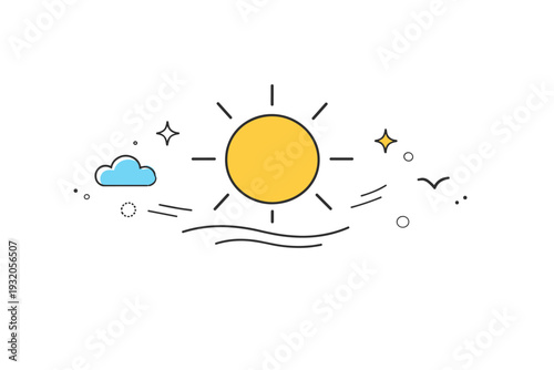 Sunny weather condition. A minimalist editorial scene with a soft sun icon and light rays, conveying warmth, positivity, and clear skies. Open space feeling,