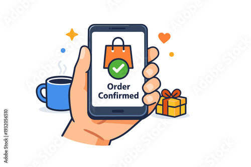 Online shopping lifestyle moment represented by a relaxed user hand holding a phone with a confirmed order icon, suggesting comfort, satisfaction, and everyday