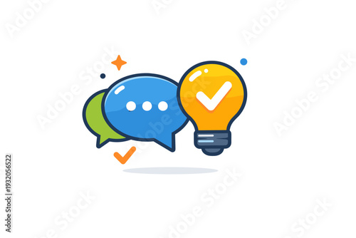 Online feedback and discussion represented by a speech bubble combined with a checkmark or lightbulb symbol, expressing constructive dialogue, ideas and mutual