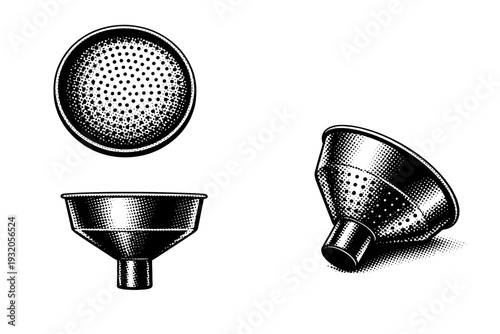 Moka pot filter funnel A realistic moka pot filter funnel shown in three views: top view, side profile, and angled perspective, emphasizing perforated basket