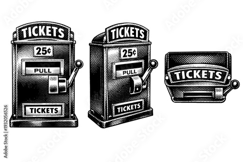 Ticket Machine ? Vintage cinema ticket dispenser depicted in straight-on front view, angled side view, and top-down perspective, maintaining consistent casing