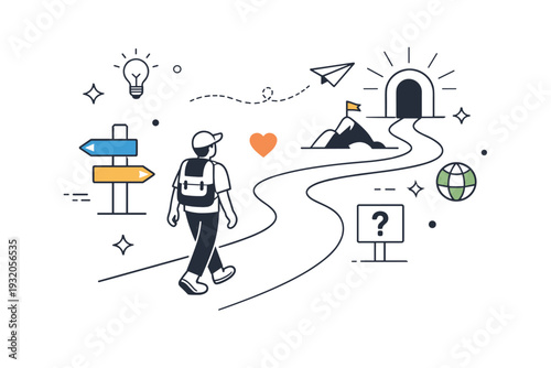 Journey into the unknown. A character walking along a simple winding road with signposts and floating symbols, showing progress and openness to new