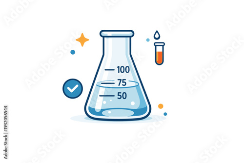 Chemistry flasks centered on clean laboratory processes illustrated by a minimal flask with clear liquid and precise measurement marks, expressing accuracy and