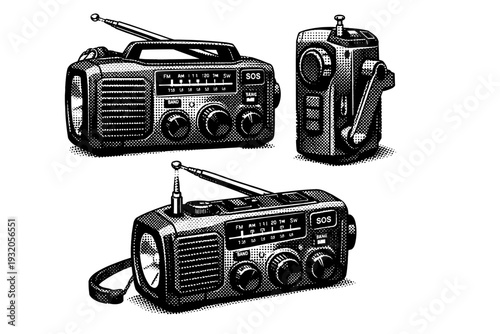 Portable radio ? handheld emergency radio. A realistic emergency portable radio shown as one object in three different views focusing on sturdy housing,
