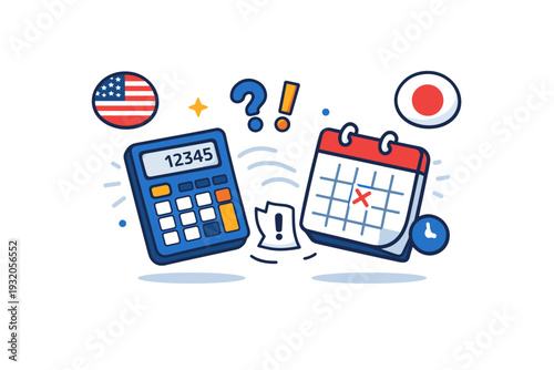 Expat tax confusion shown as a calculator and calendar drifting apart beneath two country icons, symbolizing missed deadlines misunderstandings and compliance