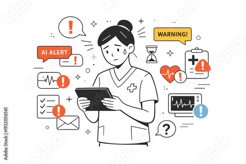 Healthcare automation stress. A nurse monitoring multiple AI alerts on a tablet, standing still in a quiet clinical space. Cognitive load and responsibility
