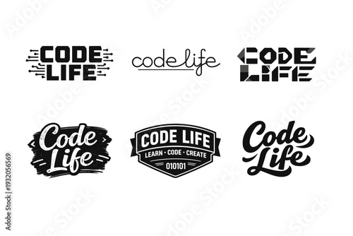 Code Life. Set lettering. harmonious lettering variations of the same emblematic concept, each with different artistic interpretation (Blocky sans-serif with
