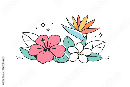 Tropical bloom. A close, gentle view of blooming exotic flowers with wide petals and smooth leaves. The scene conveys calm beauty and natural elegance in a