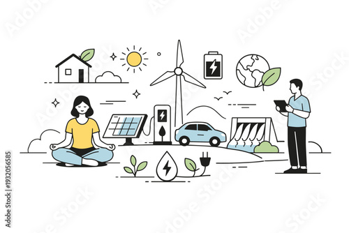 Sustainable future technology. Clean energy symbols and devices integrated into a simple landscape with a calm human presence. The mood highlights balance,