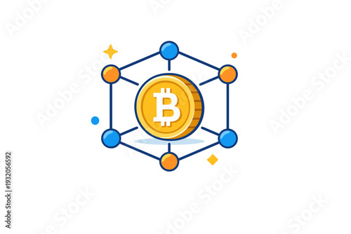 Blockchain and decentralized finance idea shown through connected nodes forming a simple cube around a coin, expressing transparency, innovation and