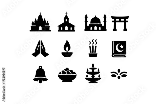 Religious festivals. Solid icon set of Religious festivals: temple silhouette, church silhouette, mosque silhouette, shrine gate, prayer hands, candle flame,