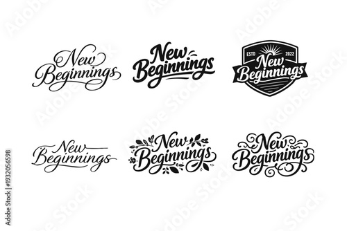 New Beginnings. Set lettering. harmonious lettering variations of the same emblematic concept, each with different artistic interpretation (Elegant script with