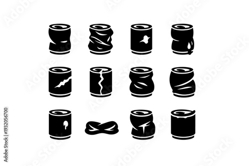 Can Damage. Solid icon set of Can Damage: dented can, crushed can, pierced can, leaking can, torn can, split can, deformed can, folded can, punctured can,