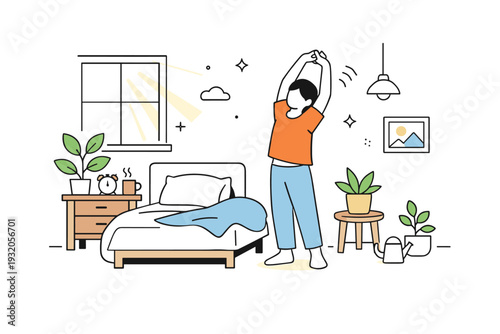 Morning at home. A soft scene with sunlight coming through a window, a person stretching near a bed, plants and simple furniture around. Feeling of freshness,