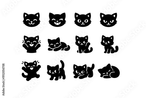 Kitten Mood. Solid icon set of Kitten Mood: happy kitten face, playful grin, curious eyes, mischievous look, excited ears, relaxed flop, cheeky pose, attention