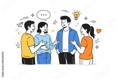 Friends conversation. A group of friends standing in a loose circle, talking and listening to each other with calm gestures. Light motion lines and icons