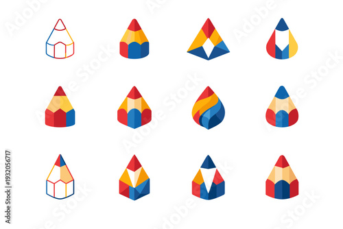 Drawing with colored pencils. Icon set. Set Logo of Drawing with colored pencils: colored pencil tip. harmonious logo variations of the same emblematic