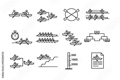 Rowing Race Formats. Line icon set of Rowing Race Formats: head to head race, knockout race, round robin race, lane race format, time qualification race, mass