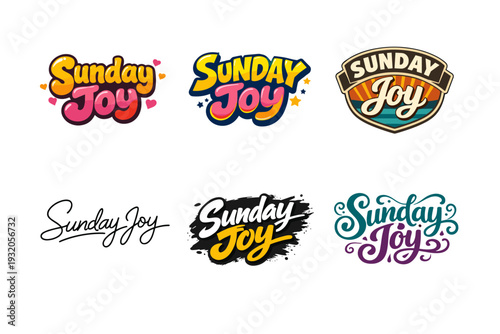 Sunday Joy. Set lettering. harmonious lettering variations of the same emblematic concept, each with different artistic interpretation (Rounded bubble playful