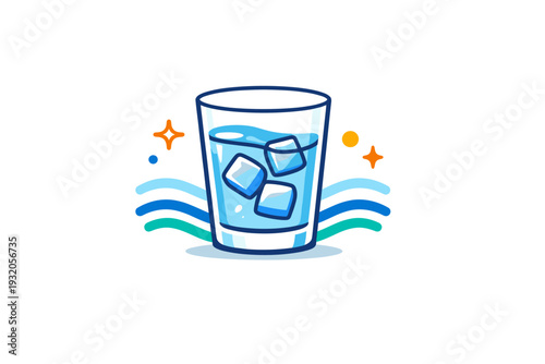 Cold drinks hydration concept illustrated by a simple water glass with ice and gentle wave lines, symbolizing balance, wellbeing and clean refreshment.