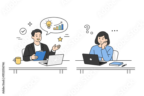 Confidence gap at work. Two colleagues at similar desks, one confidently presenting ideas while the other stays silent. Subtle professional scene showing