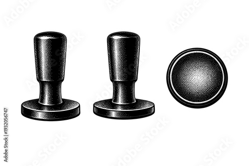 Rubber stamp cylindrical handle. A realistic rubber stamp with a cylindrical handle and round base is depicted as a single object shown in three