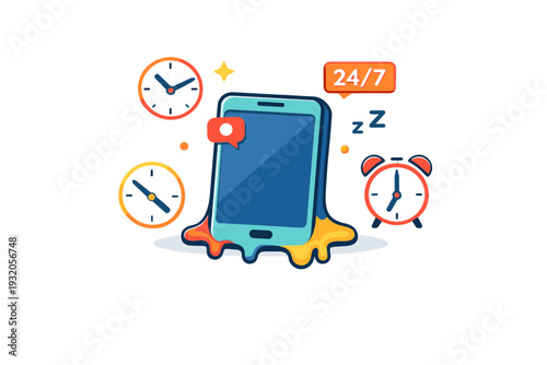 Digital burnout expressed through a smartphone melting slightly at the edges with scattered clock symbols around it. The illustration suggests