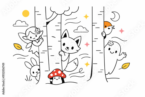 Fairy Tale Forest Creatures. Small abstract animals and fairy-like figures peeking from behind trees, playful gestures and soft motion lines. Warm, enchanting