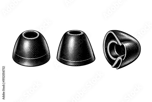 In-ear earbud tip A silicone in-ear earbud tip with conical form, hollow core, and flexible rim shown from front, side, and angled cutaway views as one object