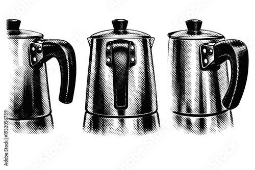 Coffee percolator handle and body connection shown as the same percolator emphasizing handle attachment viewed from side, rear, and angled positions, focusing