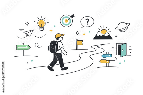 Journey into the unknown. A character walking along a simple winding road with signposts and floating symbols, showing progress and openness to new