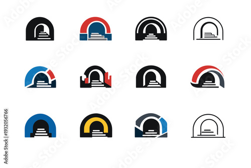 Metro. Icon set. Set Logo of Metro: underground tunnel entrance. harmonious logo variations of the same emblematic concept, each with different artistic