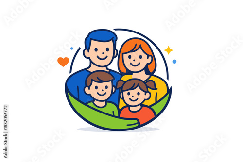 Happy family depicted as a clean editorial badge where smiling family figures symbolize wellbeing, trust and a supportive environment. The illustration feels