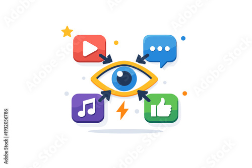 Attention economy content competition represented by multiple apps competing around a central eye icon, symbolizing visibility, engagement, and demand for user