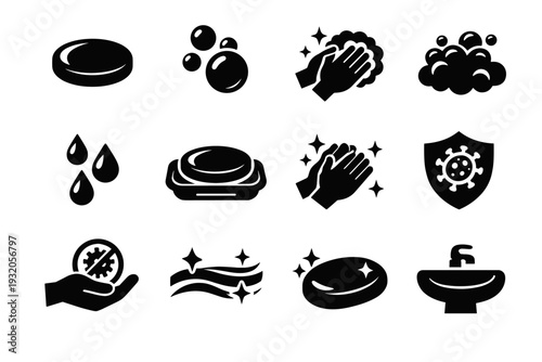 Hand Soap Bar. Solid icon set of Hand Soap Bar: soap bar, soap bubbles, hand washing, foam lather, water droplets, soap dish, clean hands, hygiene shield, germ
