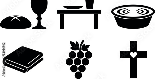 Flat design church communion icon set bread wine table bowl towel grapes cross heart silhouette vector black minimal symbol icons