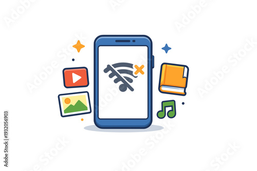 No internet access state represented by a device with a muted signal icon and stored content symbols highlighting independence from network availability. The