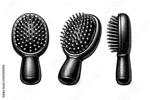 Hairbrush ? compact travel hairbrush with short handle and rounded head, displayed in frontal view, three-quarter angle, and profile view as an object study.