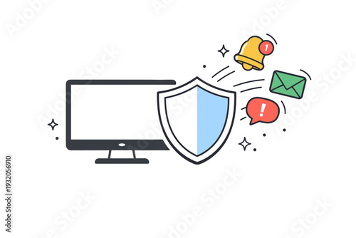 Distraction blocking tools. Notification icons bouncing off a shield symbol near a screen, simple metaphor for protection from interruptions. Clean and