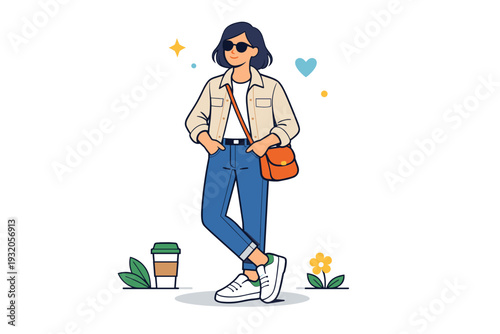 Spring fashion illustrated as a confident outfit moment featuring a simple jacket and sneakers that convey casual elegance and everyday versatility. The scene
