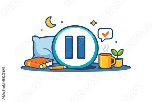 Decision fatigue recovery and mental reset scene featuring a pause symbol and cleared workspace, conveying rest, boundaries, and restoration of decision-making