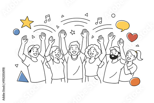 Collective cheer. Group of people raising hands together, smiling faces and rhythmic motion lines above. Shared joy and energy spreading across the scene.