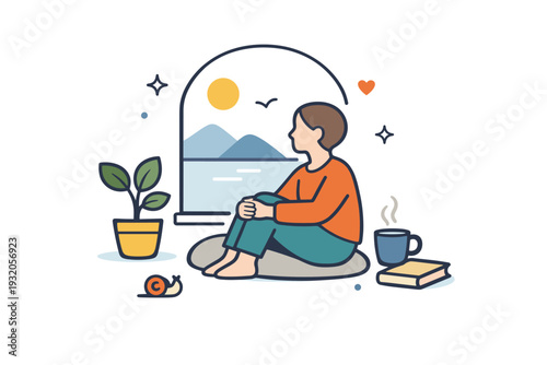 Slow living scene visualized by a person sitting near a window with simple nature elements, symbolizing peace, awareness, and time spent offline. Minimalist