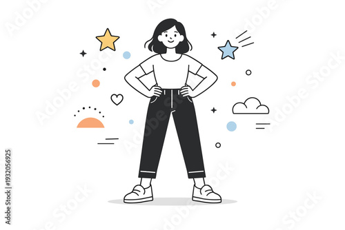 Girls power concept. A confident editorial scene with a girl standing strong, hands on hips, surrounded by simple stars and abstract shapes. Confidence,