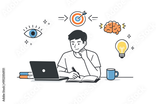 Focus and mental performance. A modern editorial scene of a person concentrating on work, with subtle symbols of attention, brain activity, and clarity