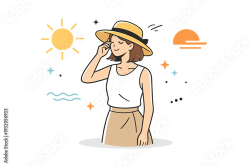 Straw hat summer style. A person wearing a straw hat standing under soft sunlight, expressing relaxed vacation mood and light elegance. Calm posture with