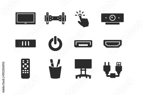 Interactive Display Hardware. Solid icon set of Interactive Display Hardware: flat panel display, wall mount bracket, touch sensor, camera module, speaker